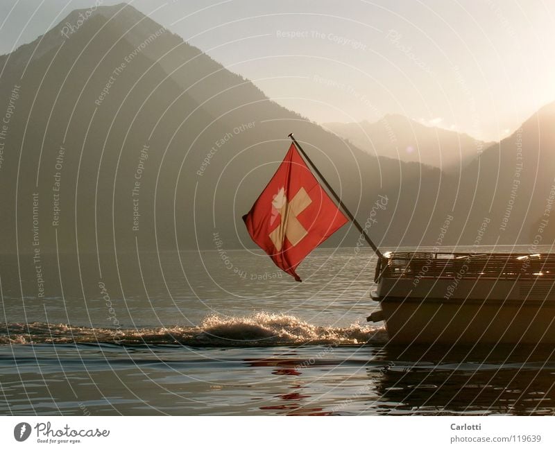 Switzerland Lake Lucerne Flag Watercraft Mountain Sun