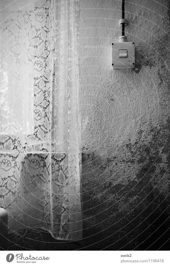 laundry Light switch Wall (barrier) Wall (building) Window Old Curtain Damage Ravages of time lost places Black & white photo Interior shot Deserted