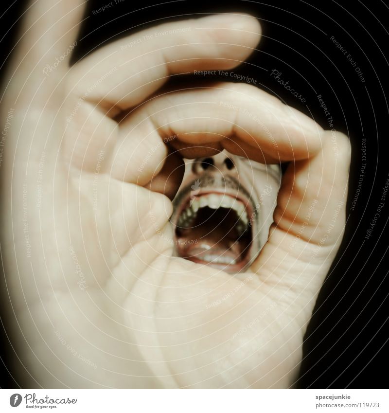 SHOUT Hand Fingers Man Scream Freak Fear Alarming Dark Black Show your teeth Evil Crazy Joy Face Human being Force