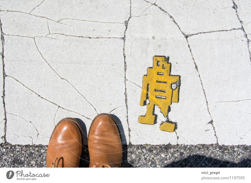 right before left! Vacation & Travel Tourism Feet 1 Human being Work of art Street life Walking Stand Old Authentic Retro Town Yellow Zebra crossing Street art