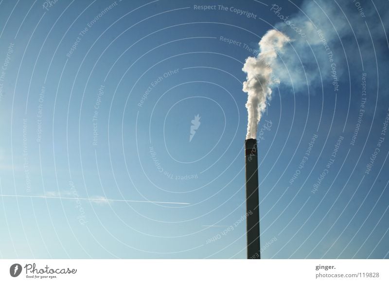 A lot of smoke in nothingness Industry Sky Chimney Smoke Tall Above Blue White Go up Empty Cloudless sky Copy Space left Environmental pollution Deserted