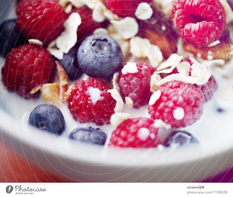 Breakfast delicacies II Art Esthetic Contentment Cereal Berries Blueberry Raspberry Milk Healthy Eating Oat flakes Nut Bowl Delicious Morning break Colour photo