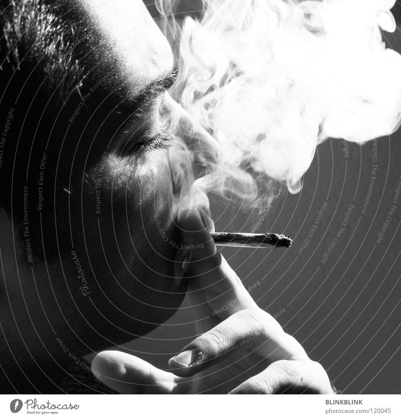 Jonny II Smoking Joint Man Black Gray White Hand Fingers Fingernail Smoky Silhouette Portrait photograph Eyebrow Chin Facial hair Sun Relaxation