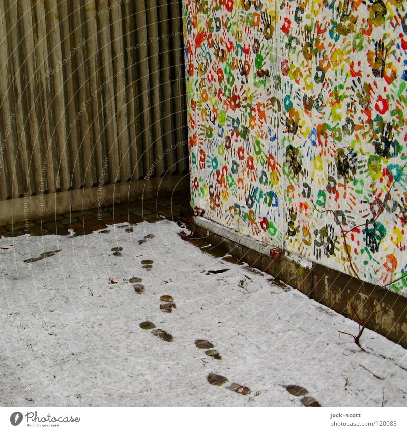 hand and footprint Hand Snow door Animal tracks Concrete Footprint Moody Secrecy Creativity Lanes & trails Side by side Corner Imprint Play of colours Sequence