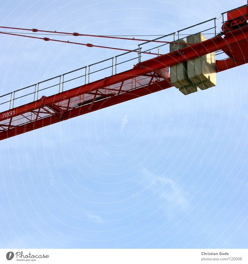 counterweight Crane Construction site Red New building Construction worker Truck Work and employment High-rise Steel Aspire Wire Clouds Gray Concrete
