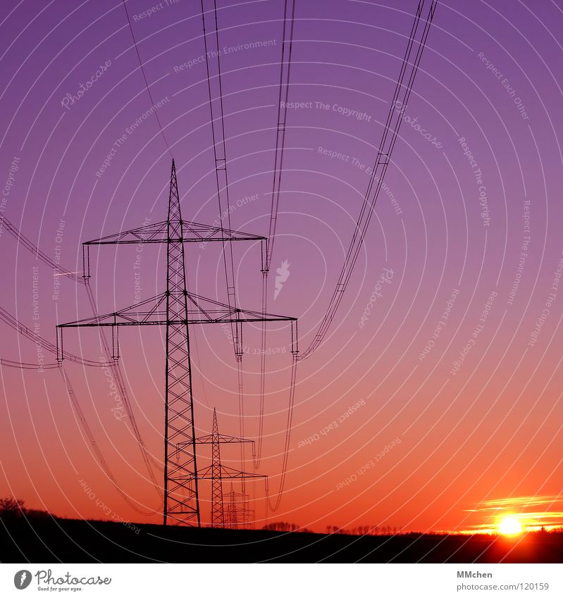 Voltage in square Electricity Electricity pylon Sunset Power Interlaced High voltage power line Horizon Violet Red Low point Celestial bodies and the universe