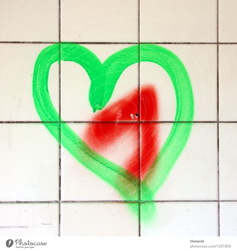Love on the side of the tile Joy Decoration Bathroom Art Wall (barrier) Wall (building) Graffiti Heart Together Happy Bright Green Red Emotions Spring fever