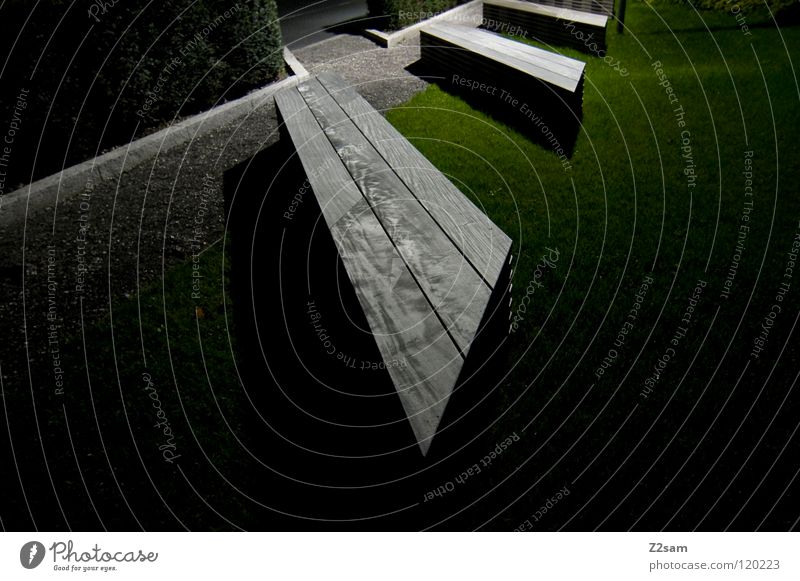 seating Seating Night Dark Long exposure Park Green Meadow Wood Wooden bench Entrance Gravel Relaxation Break Graphic Simple Perspective Sharp-edged Corner