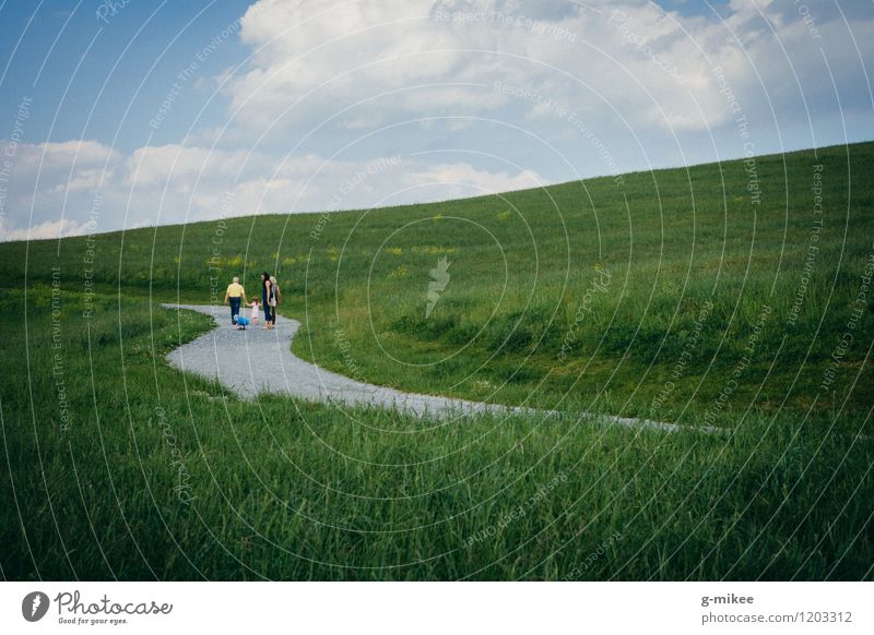 family walk Nature Landscape Sky Clouds Summer Grass Park Meadow Hill Together Blue Green Family & Relations Promenade Trip Colour photo Exterior shot