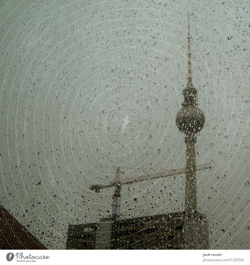 Television Tower Perl Edition Drops of water Bad weather Rain Downtown Berlin Capital city Berlin TV Tower Alexanderplatz Construction crane Gray Dreary