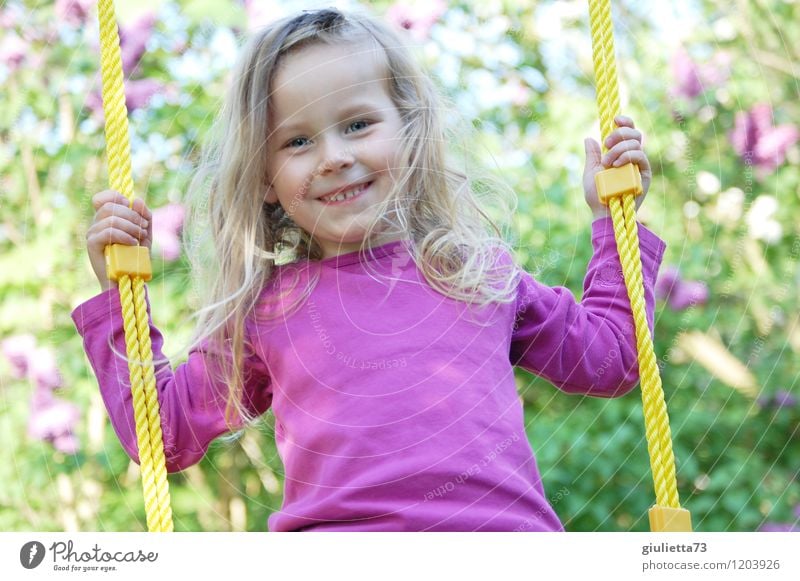 Princess on the swing Joy Happy Playing Summer Feminine Child Toddler Girl Infancy Hair and hairstyles 1 Human being 3 - 8 years Garden Blonde Long-haired Curl