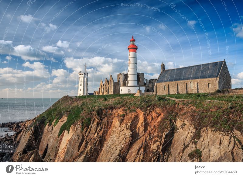 Saint-Mathieu Sky Clouds Beautiful weather Coast France Deserted Church Ruin Lighthouse Tourist Attraction Old Blue Brown Green Red White Belief