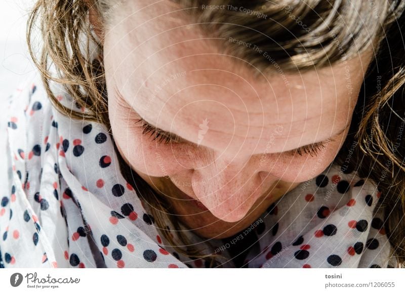 Don't do that. Human being 1 White Timidity Portrait photograph Woman Young woman Forehead Neckerchief Point dots Looking away Fear Colour photo Exterior shot