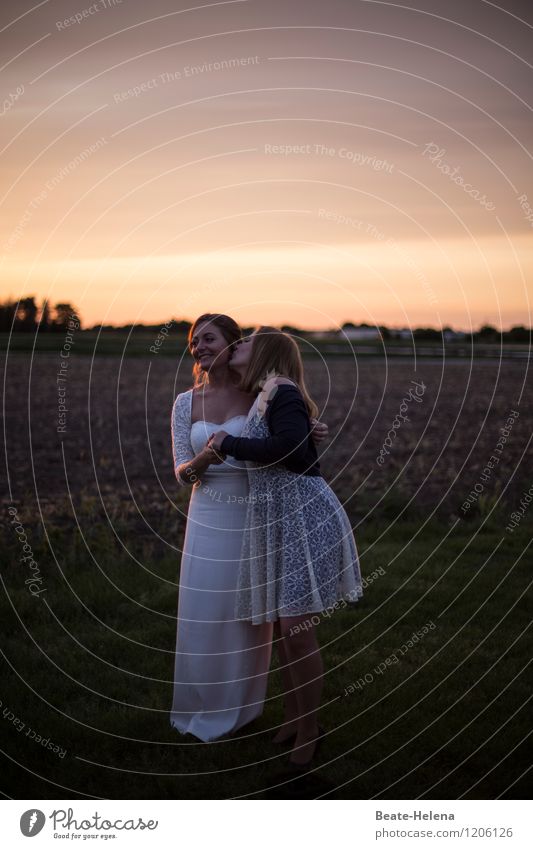 Heavenly Times Joy Happy Well-being Contentment Young woman Youth (Young adults) Friendship Body Nature Sky Summer Beautiful weather Meadow Dress