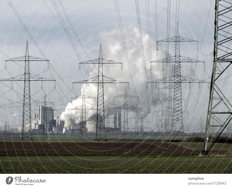 power plant Factory Industry Energy industry Cable Technology Renewable energy Coal power station Nature Sky Climate change Field Smoke Threat Cheap Concern