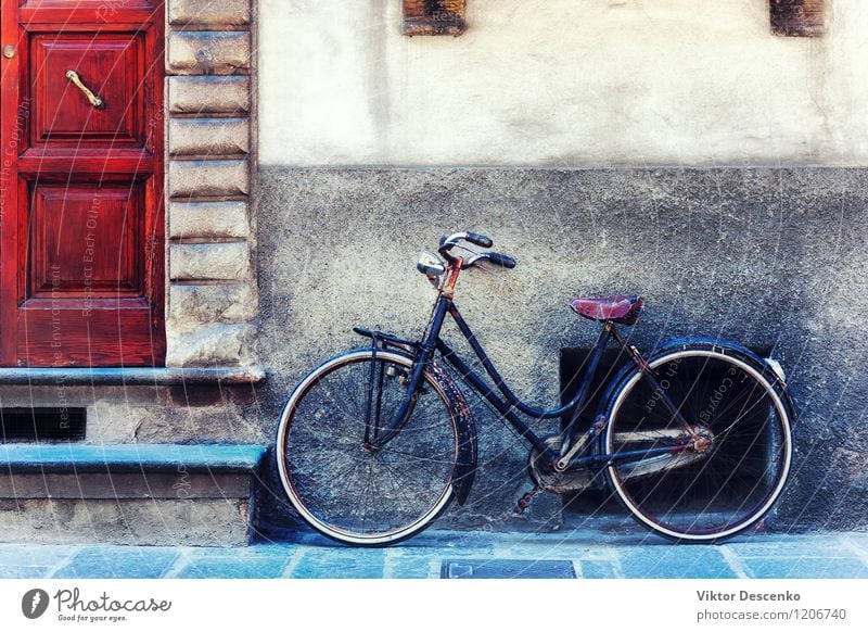 Vintage bicycle against the wall in front of the door Lifestyle Style Summer House (Residential Structure) Culture Small Town Building Architecture Facade Door