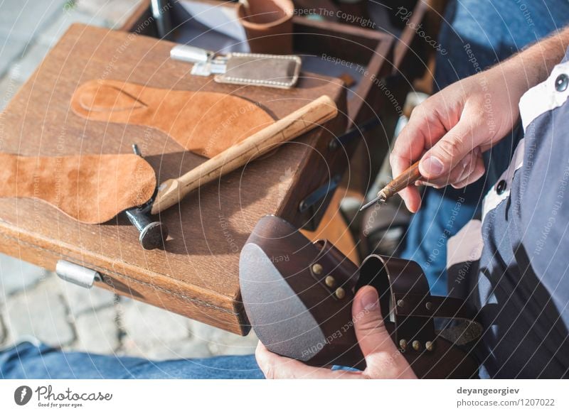 Making shoes manual Handicraft Work and employment Craft (trade) Tool Human being Man Adults Leather Footwear Old Make Tradition Shoemaker workshop skill