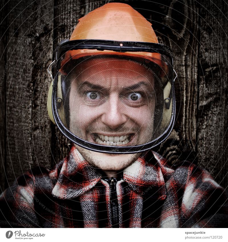 forestry workers Man Profession Helmet Wood Wall (building) Panic Accident Aggravation Evil Aggression Freak Portrait photograph Anger Redneck Unfair Beast