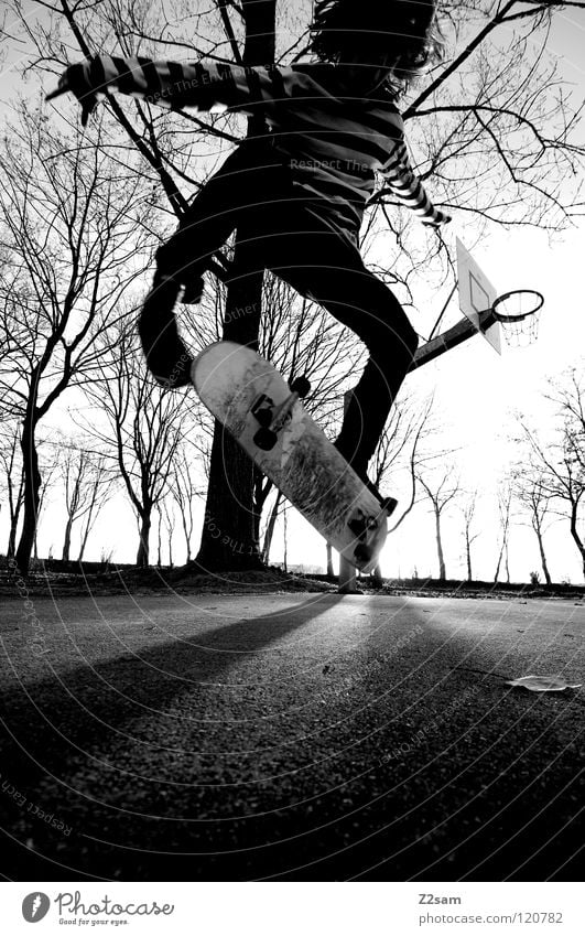 kickflip Dusk Action Skateboarding Contentment Kickflip Salto Jump Striped Tar Concrete Light Tree Wide angle Youth (Young adults) Sports Funsport Human being