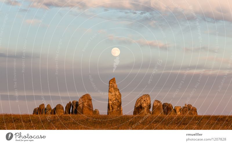 Ales Stenar Nature Landscape Moon Summer Vacation & Travel Old Loneliness Religion and faith Vikings ship Menhir Stone Sweden Colour photo Subdued colour