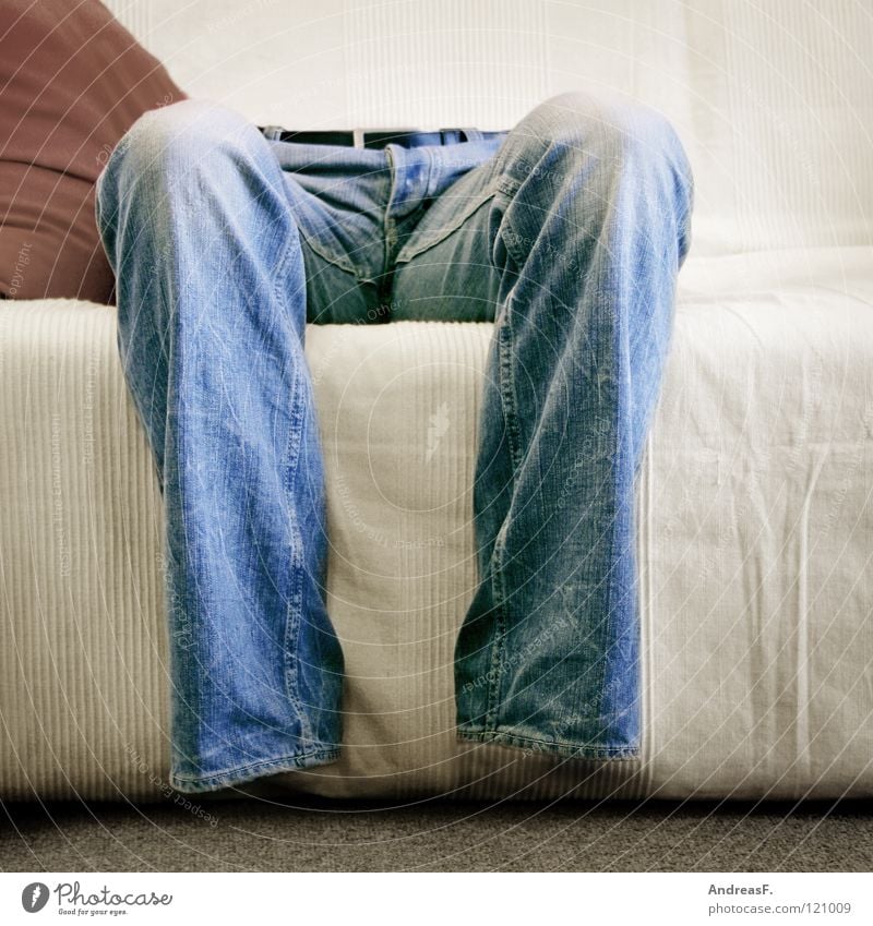 No ass in the pants. Pants Ghostly Air Light Jeans Memory Knee Transparent Invisible Television Man Sofa Living room Transience Legs Human being Sit