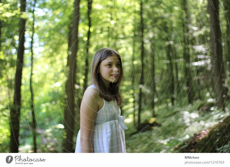 the only way is up Child Girl 8 - 13 years Infancy Nature Sun Summer Beautiful weather Tree Forest Mountain Dress Long-haired Observe Looking Stand Hiking