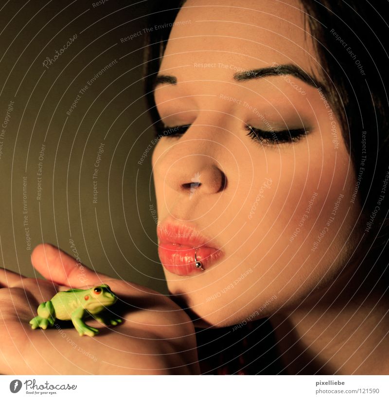 Frog King, the second! Summer Woman Adults Kissing Love Love of animals Infatuation Romance Beautiful Desire Frog Prince Fairy tale Lady Princess Piercing Pout