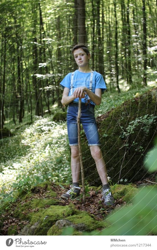 stand Hiking Boy (child) Infancy 1 Human being 8 - 13 years Child Environment Nature Sun Summer Park Forest Suspenders Stick Hiking stick Observe Discover