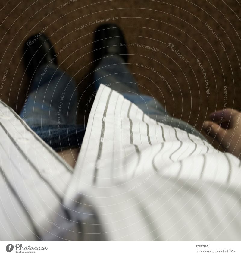 Looking down from above Shirt Pants Footwear Carpet Hand Man Downward Arrogant Stripe Pattern First person view Boredom Clothing Jeans Floor covering Think