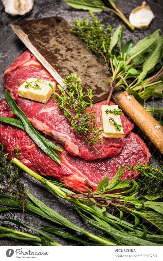 Beef steak raw with fresh herbs and meat knife Food Meat Herbs and spices Nutrition Lunch Dinner Banquet Organic produce Diet Knives Style Design Healthy Eating
