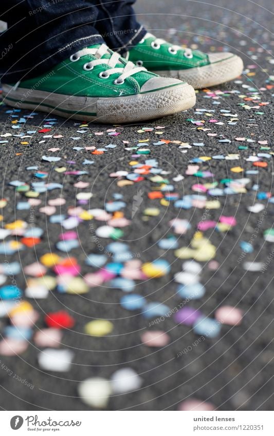 AK# Green Shoe III Art Esthetic Contentment Footwear Confetti Carnival Many Multicoloured Youth culture Stand Wait Colour photo Subdued colour Exterior shot
