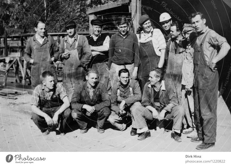 Group photo with craftsmen in the 1960s Work and employment Craftsperson Construction site Craft (trade) Business Human being Masculine Man Adults Old Authentic