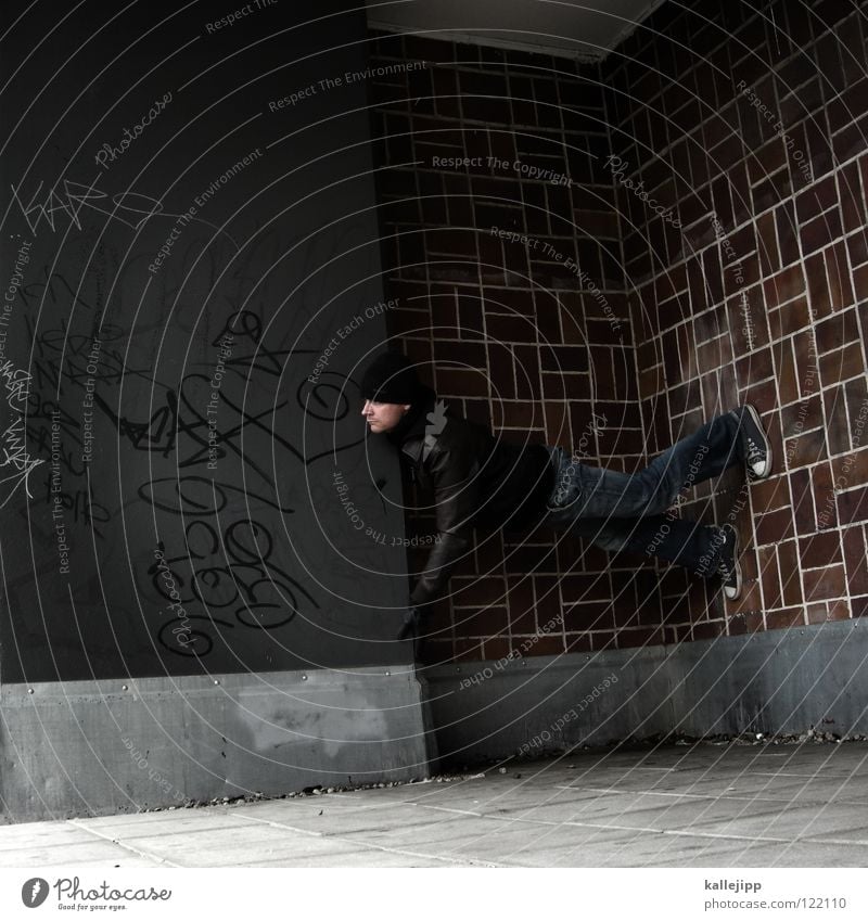 04 _ loosing ground Man Silhouette Thief Criminal Outbreak Escape Tumble down Window Parking garage Geometry Back-light Jacket Coat Cap Athlete Thriller