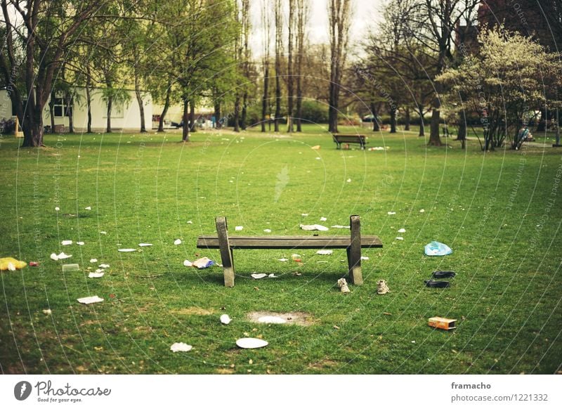 Party Is Over Feasts & Celebrations Environment Spring Garden Park Meadow Berlin Town Capital city Deserted Bench Trash Cleaning Sit Dirty Disgust Hideous Green