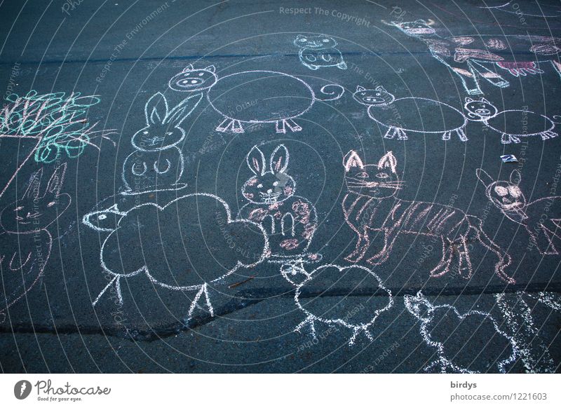 Escape from the petting zoo Art Street painting Image Chalk drawing Group of animals Animal family Movement Going Crouch Walking Looking Esthetic Authentic Free