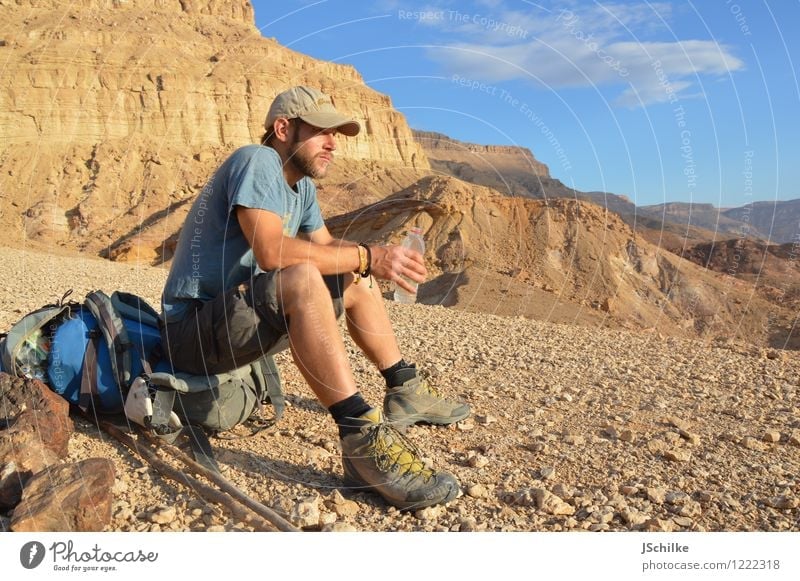 rest in the desert Picnic Drinking Drinking water Bottle Happy Well-being Contentment Relaxation Calm Mountain Hiking Climbing Mountaineering Human being