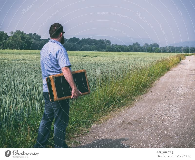 leaving home 4 Masculine Man Adults Body 1 Human being 30 - 45 years Landscape Sky Sun Summer Beautiful weather Tree Field Lanes & trails Shirt Jeans Accessory