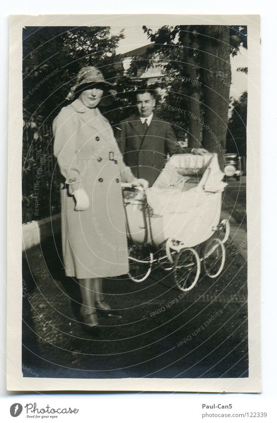 1931 Ancient Grandmother Baby carriage Black White Analog Black & white photo Group Old great-grandparents Parents unfortunately blurred To go for a walk Trip