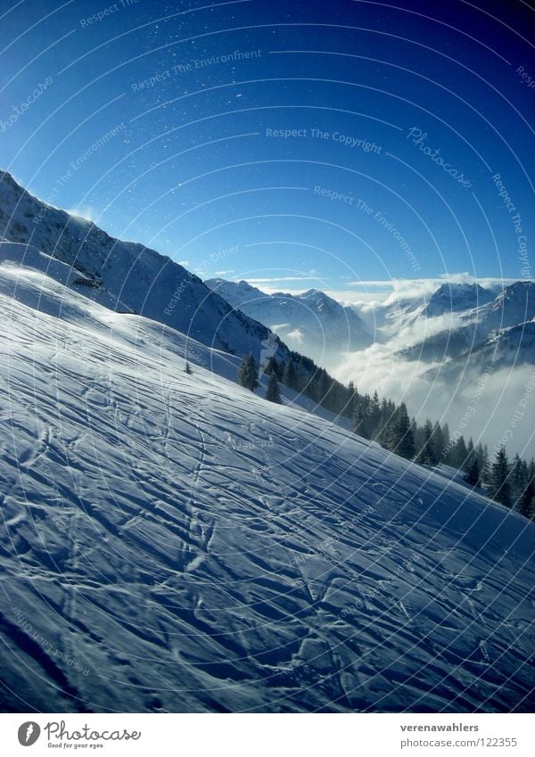 Downhill value. White Skiing Winter Mountain Snow Tracks Alps Blue Valley Sky Vantage point Far-off places