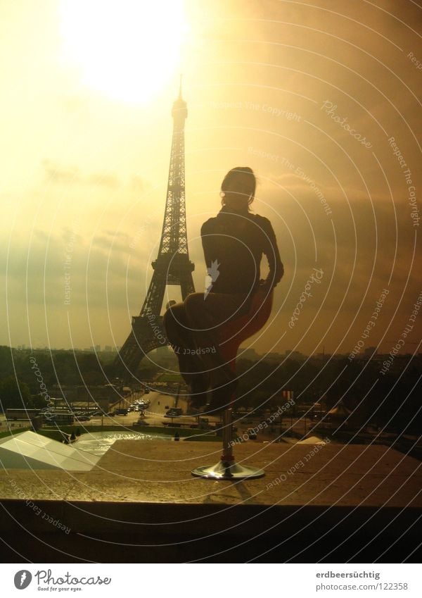 One day in Paris Vacation & Travel Freedom Sun Chair Woman Adults Sky Clouds Landmark Monument Eiffel Tower Sit Light and shadow Ambience Silhouette