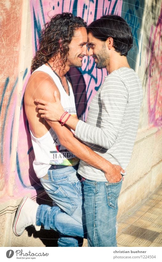 two boys unmarme each other on the street Homosexual Young man Youth (Young adults) Couple Partner 2 Human being 18 - 30 years Adults Touch Authentic