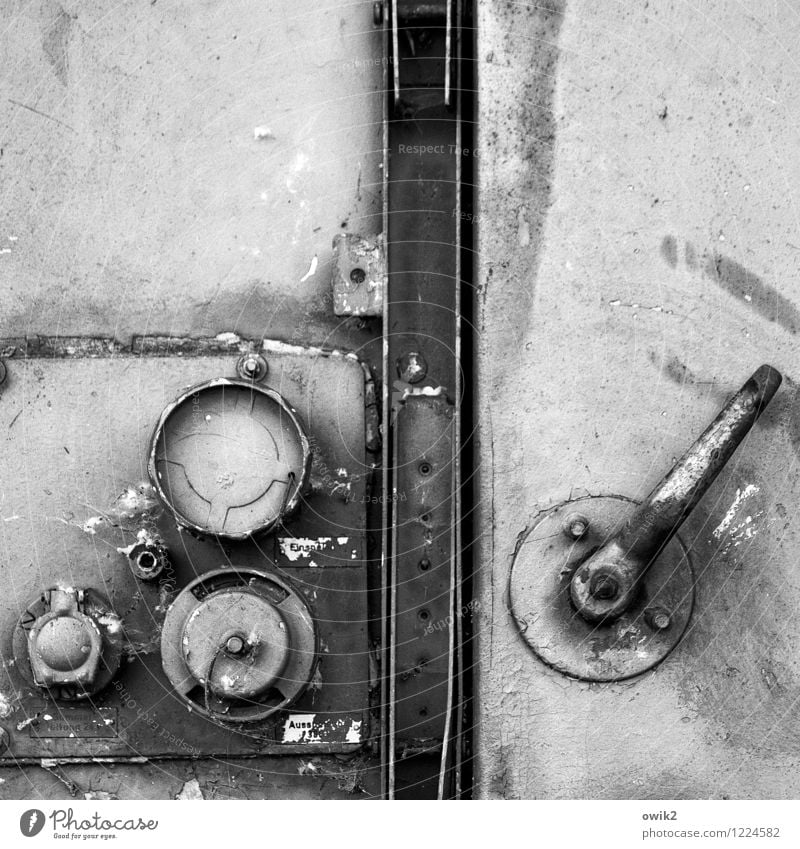 safe Locking mechanism Lever Door Metal door Closed Old Black & white photo Exterior shot Close-up Detail Deserted Copy Space top