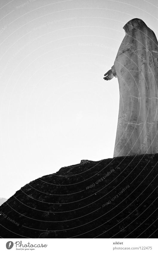 maria Virgin Mary Religion and faith Statue Sky Prayer Hand Help Might Trust Stone Marble Holy Rock Heaven Tunic Mystic Black & white photo Rear view