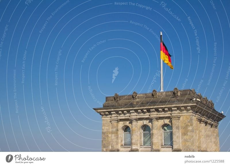 government tower Tourism Sightseeing Economy Berlin Capital city Deserted Tower Reichstag Stone Brick Flag Gigantic Historic Blue Yellow Gray Red Black Power