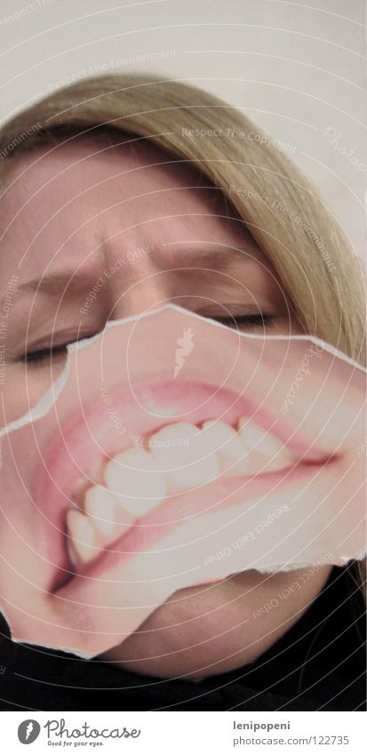 Turnedpatchmouth Lips Opposite Anger Aggravation Woman Blonde Black Photography Run away Closed eyes Insulted Evil Inverted Mouth pasted Hide Emotions Bright