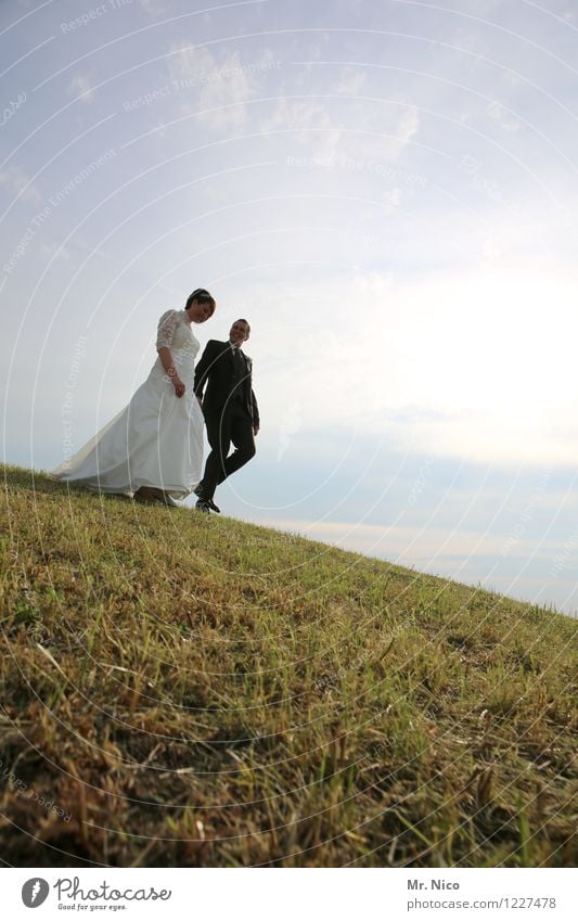 hiking day Lifestyle Wedding Masculine Feminine Couple Partner 2 Human being Environment Nature Landscape Beautiful weather Grass Meadow Hill Dress Suit Going