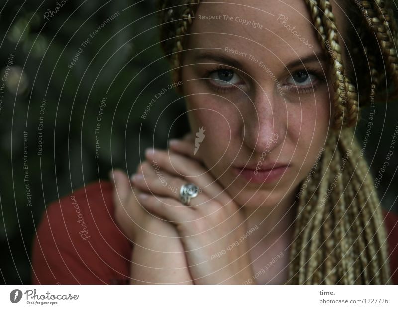 . Feminine Woman Adults 1 Human being Shirt Ring Blonde Long-haired Dreadlocks Observe Think Looking Wait Beautiful Willpower Safety Protection Watchfulness