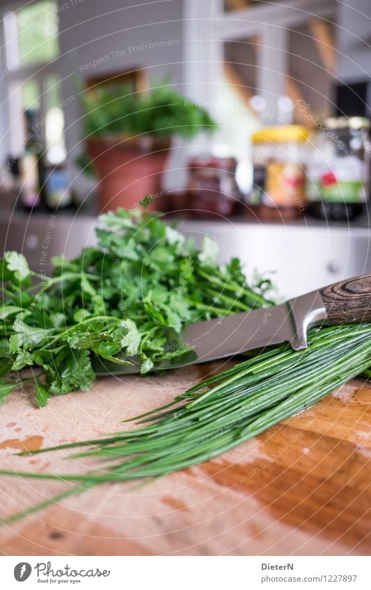 chives Food Herbs and spices Organic produce Knives Chopping board Kitchen Eating Brown Green White Glass Steel Flowerpot Colour photo Multicoloured