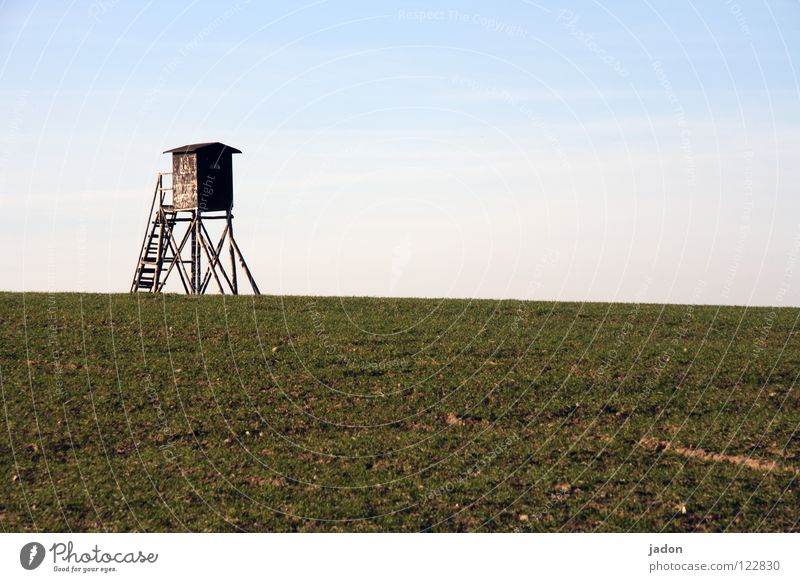 stand Vantage point Hunting Blind Meadow Field Clouds Loneliness White Horizon Calm Background picture Brandenburg Flat (apartment) Room Minimal Safety Sky