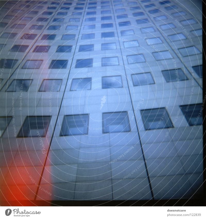 High Rise. Media High-rise Architecture Facade Window Glass Large Tall Modern MDR Leipzig Lomography Vignetting Blue Patch of light Red Glazed facade